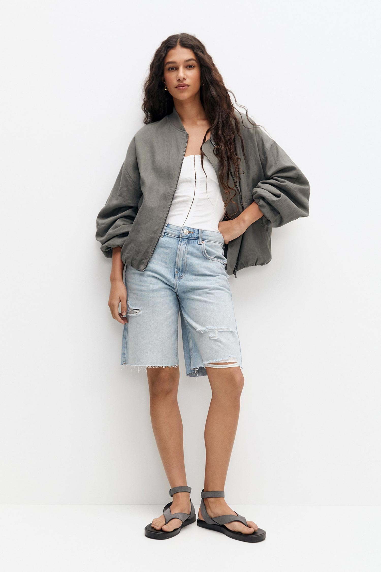 FLOWING LINEN BLEND BOMBER JACKET - Image 3